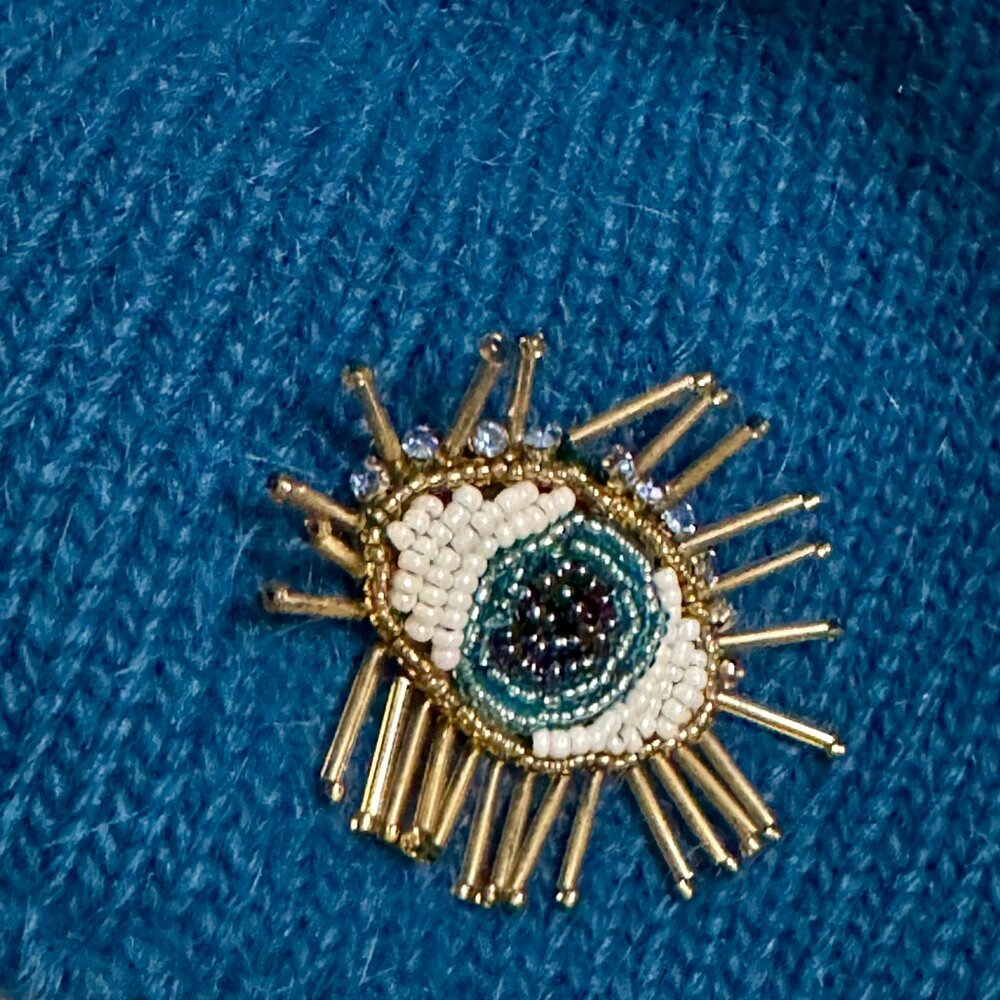 Unique OOAK Handmade Blue Wool Beaded Evil Eye Beanie Hat - Picture 9 of 9